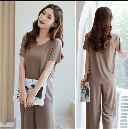 Soft Comfortable Ice Silk Short Sleeve T-Shirt Two Piece Set Loose Wide-leg Pants