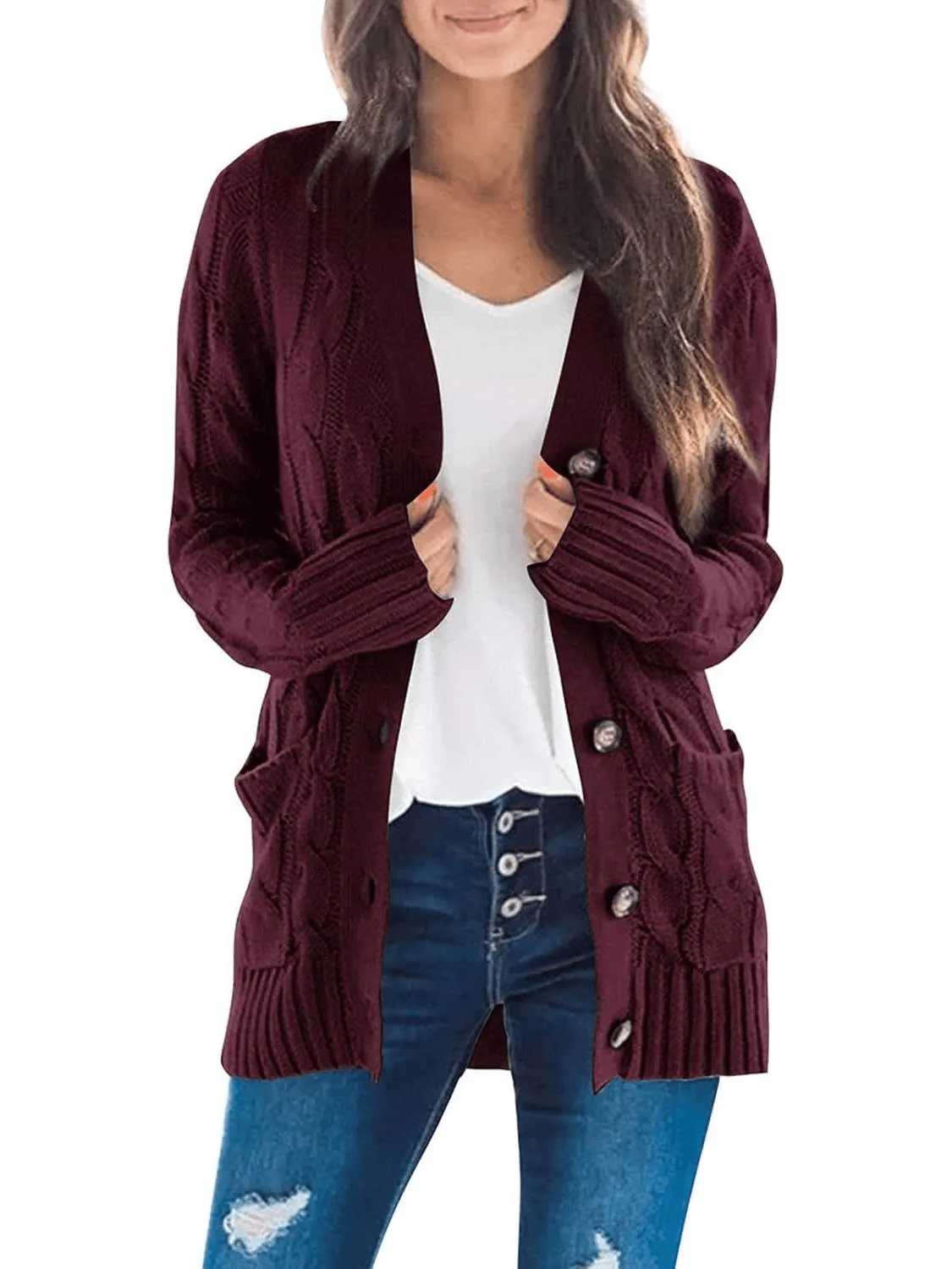 Women's Fall Casual Long Sleeve Button Down Open Front Cable Knit Cardigan