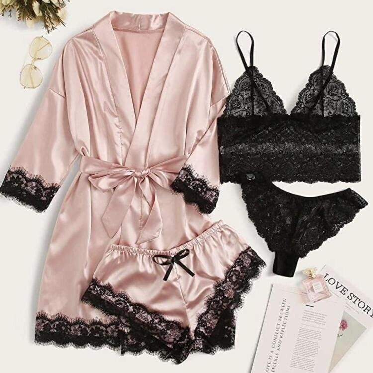 🔥Valentine's Day 4 sets of lace satin sling pajamas set🌹