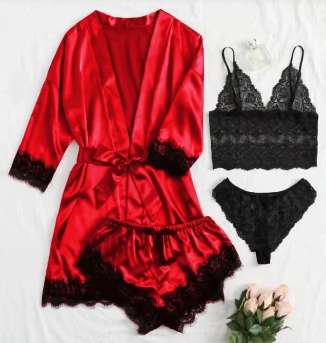 🔥Valentine's Day 4 sets of lace satin sling pajamas set🌹