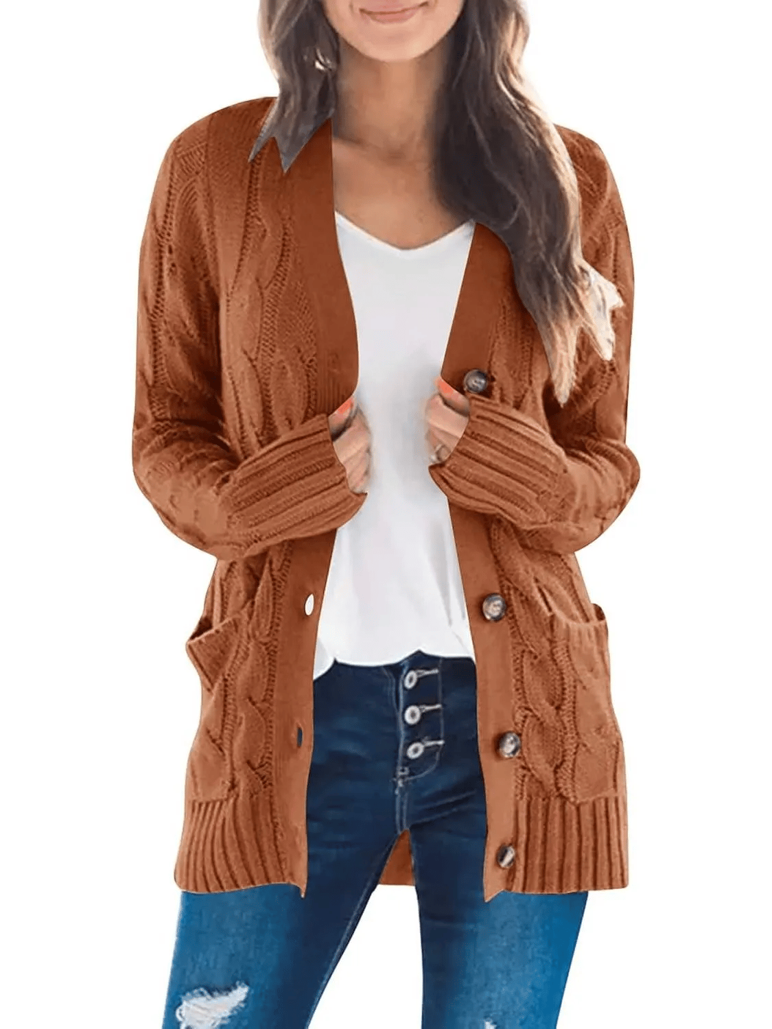 Women's Fall Casual Long Sleeve Button Down Open Front Cable Knit Cardigan